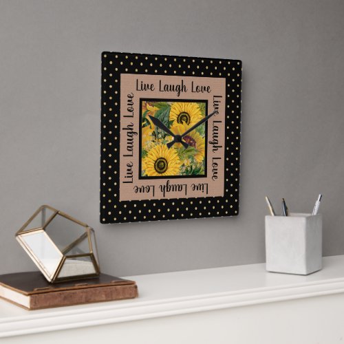 Sunflowers Black Gold Polka Dot Live Laugh Love Sq Square Wall Clock