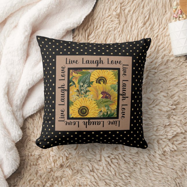 Sunflowers Black Gold Polka Dot Live Laugh Love Th Throw Pillow (Blanket)