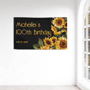 Sunflowers Black Rustic Elegant 100th Birthday Banner