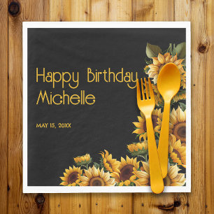 Sunflowers Black Rustic Elegant Happy Birthday Napkins