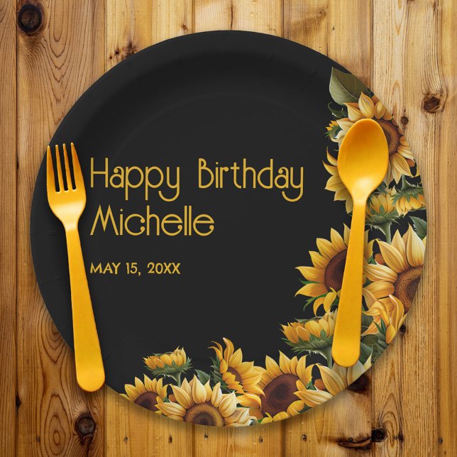 Sunflowers Black Rustic Elegant Happy Birthday Paper Plates (Rustic sunflowers on black birthday party paper plate)