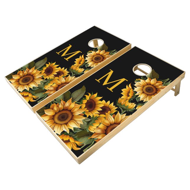 Sunflowers Black Rustic Elegant Monogram Cornhole Set (Angled)