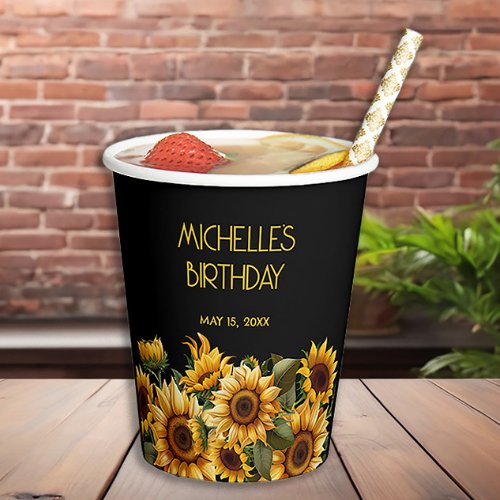 Sunflowers Black Rustic Elegant Name Birthday Paper Cups