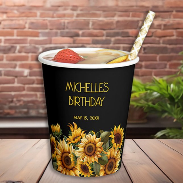 Sunflowers Black Rustic Elegant Name Birthday Paper Cups (Sunflowers on black birthday party paper cup)