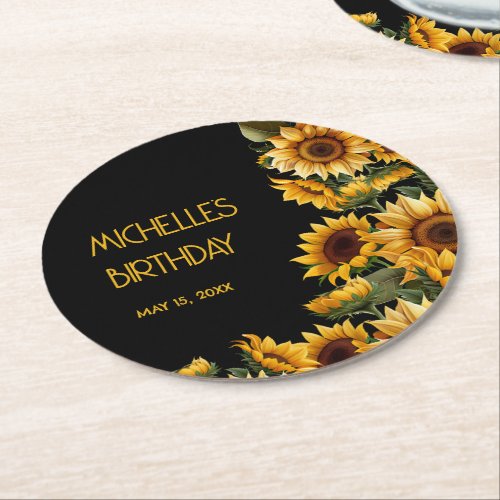 Sunflowers Black Rustic Elegant Name Birthday Round Paper Coaster