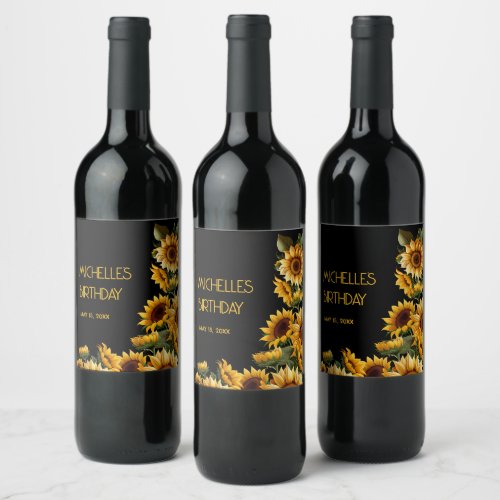 Sunflowers Black Rustic Elegant Name Birthday Wine Label