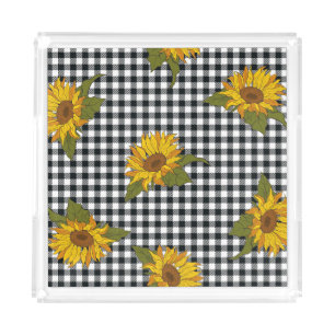 Sunflowers, black white buffalo check, floral. acrylic tray