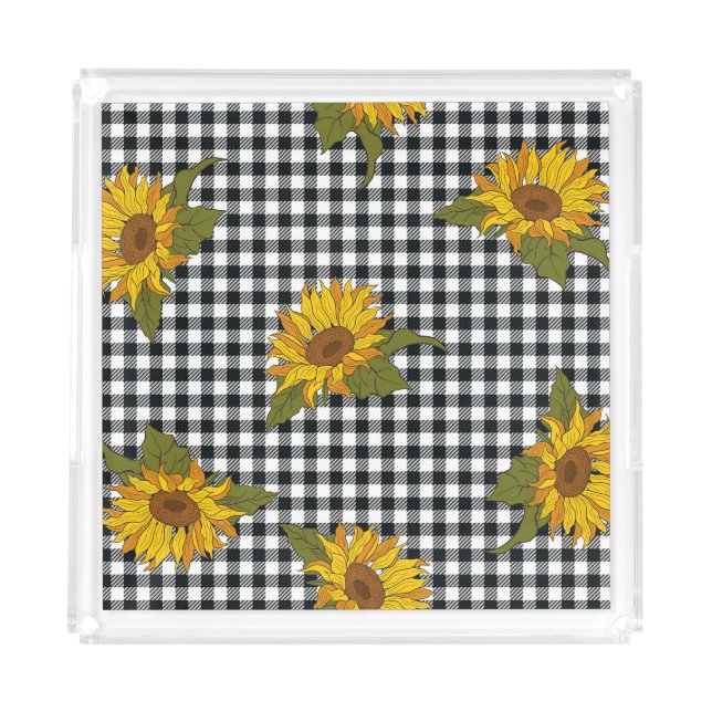 Sunflowers, black white buffalo check, floral. acrylic tray (Front)