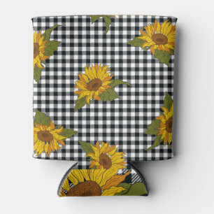 Sunflowers, black white buffalo check, floral. can cooler