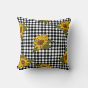 Sunflowers, black white buffalo check, floral. throw pillow