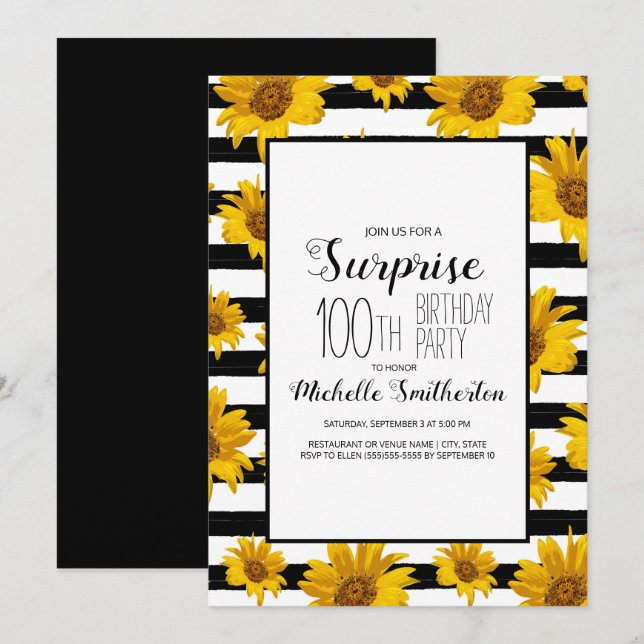 Sunflowers Black White Stripes 100th Birthday  Invitation (Front/Back)