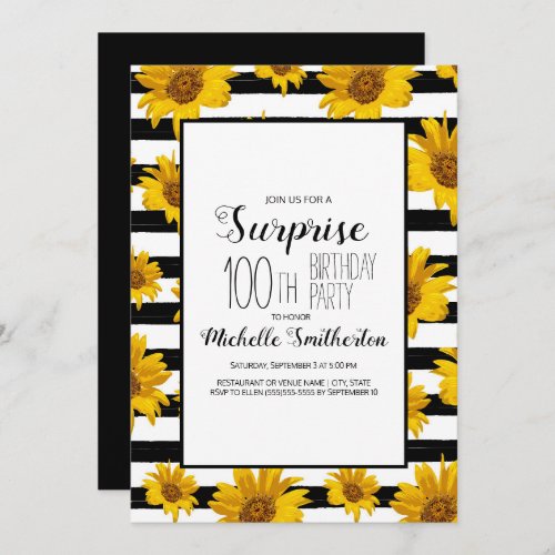 Sunflowers Black White Stripes 100th Birthday  Invitation