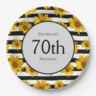 Sunflowers Black White Stripes 70th Birthday Paper Plates