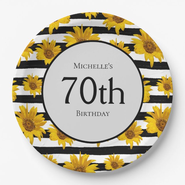Sunflowers Black White Stripes 70th Birthday  Paper Plates (Front)