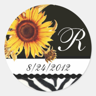SUNFLOWERS BLACK WHITE ZEBRA FUR MONOGRAM CLASSIC ROUND STICKER