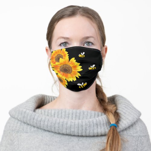 Sunflowers black yellow orange happy bees adult cloth face mask