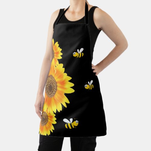 Sunflowers black yellow orange happy bees apron