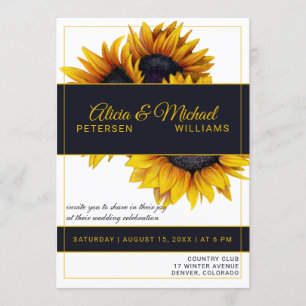 Sunflowers Bloom   Gold and Navy Modern Wedding Invitation