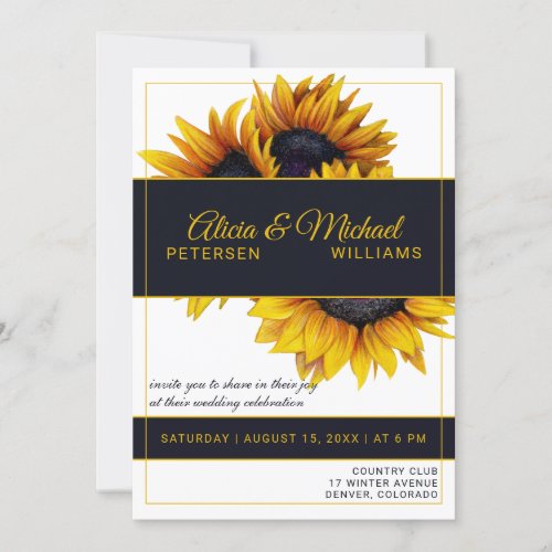 Sunflowers Bloom  Gold and Navy Modern Wedding Invitation