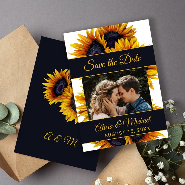 Sunflowers Bloom | Gold and Navy Photo Wedding Save The Date (Creator Uploaded)
