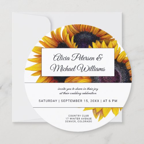 Sunflowers Bloom  Gold and White Modern Wedding Invitation