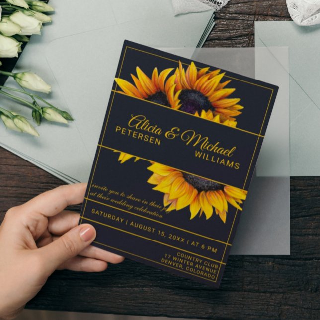 Sunflowers Bloom | Navy and Gold Modern Wedding Invitation