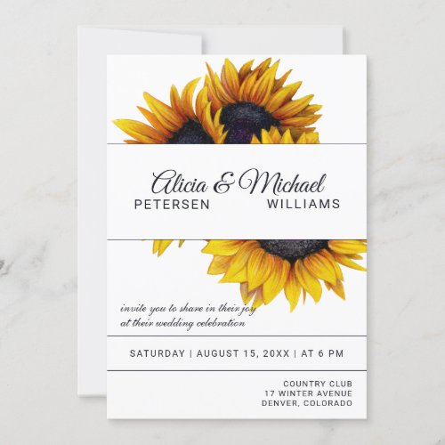 Sunflowers Bloom  Navy and White Modern Wedding Invitation