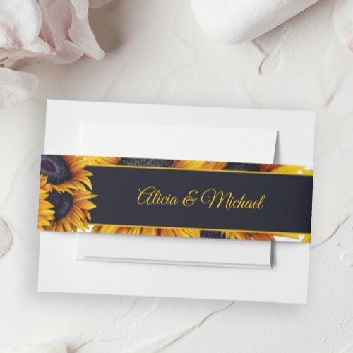 Sunflowers Bloom  Navy Blue Gold Stripe Wedding Invitation Belly Band