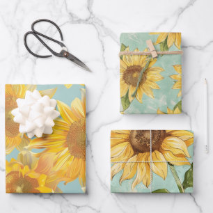 Sunflowers blue background wrapping paper sheets