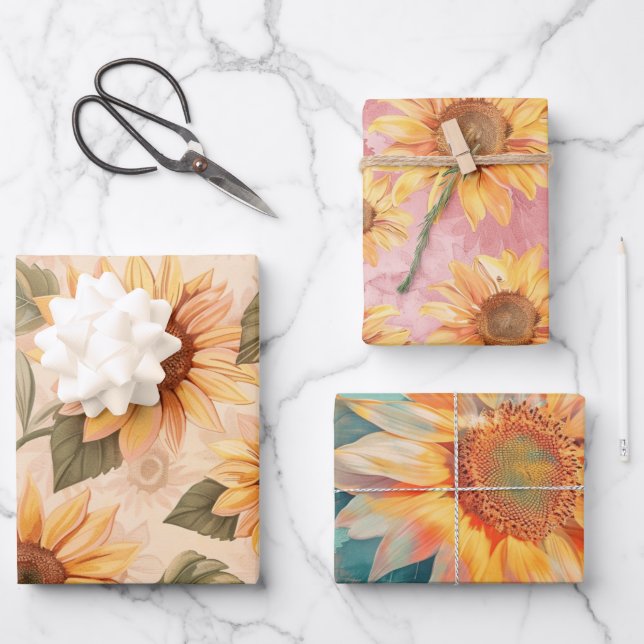 Sunflowers blue background wrapping paper sheets (Front)