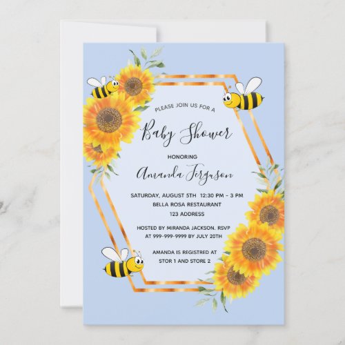 Sunflowers blue bee boy baby shower invitation