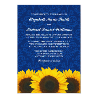 Sunflowers Blue Damask Wedding Card