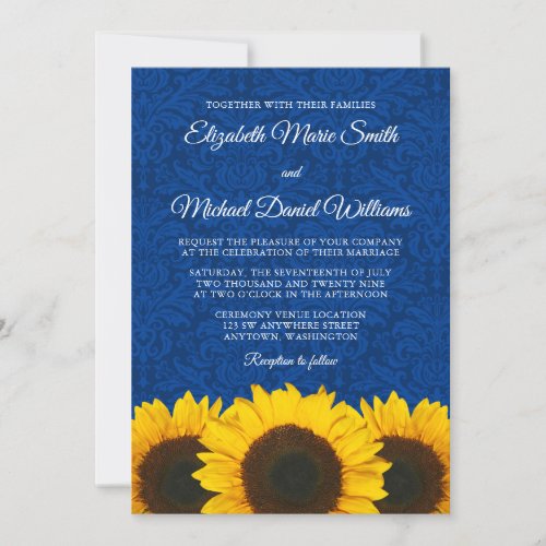 Sunflowers Blue Damask Wedding Personalized Announcement