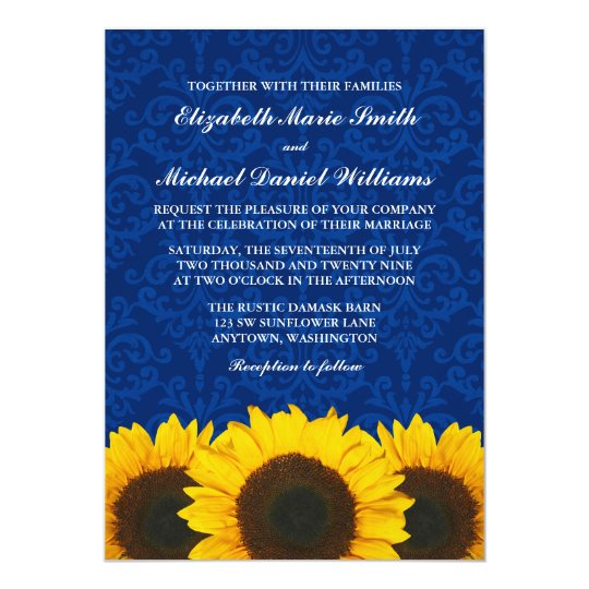 Sunflowers Blue Damask Wedding Invitation | Zazzle.com