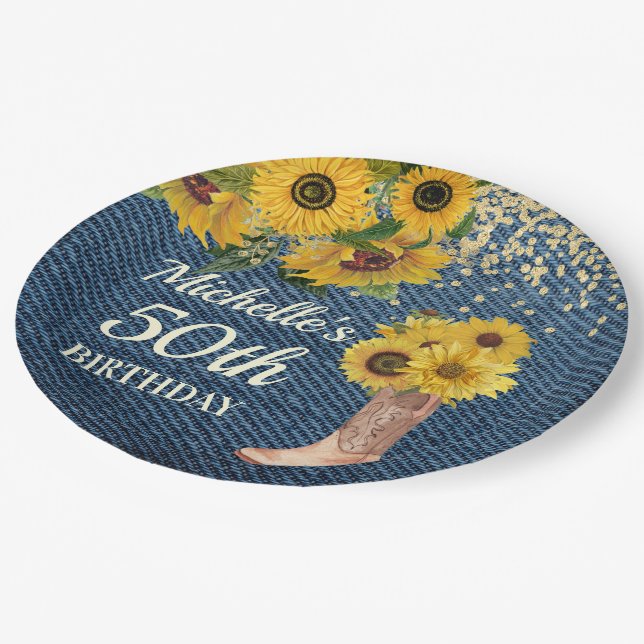 Sunflowers Blue Denim Cowboy Boots 50th Birthday Paper Plates (Angled)