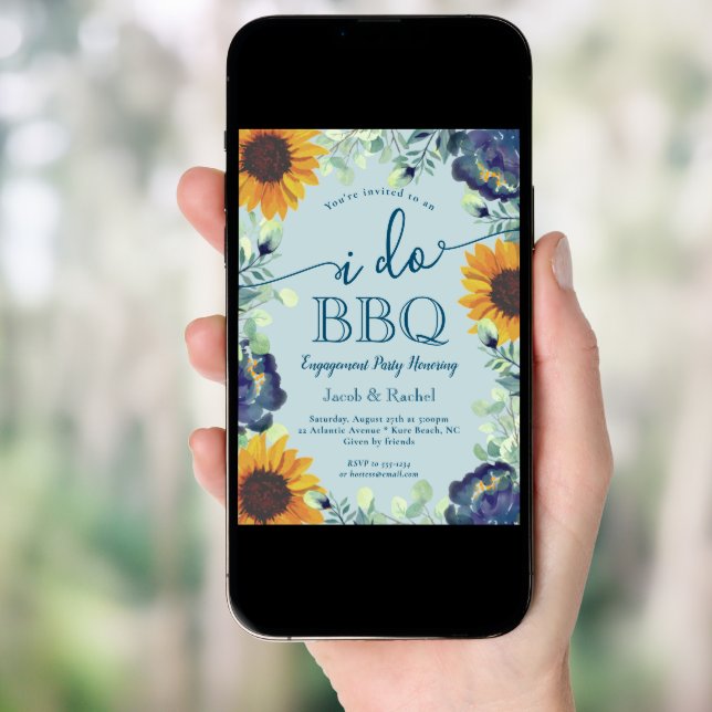 Sunflowers & Blue Floral I Do BBQ Engagement Invitation (Front Digital)
