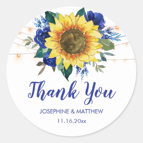 Sunflowers Blue Floral String Lights Thank You Classic Round Sticker