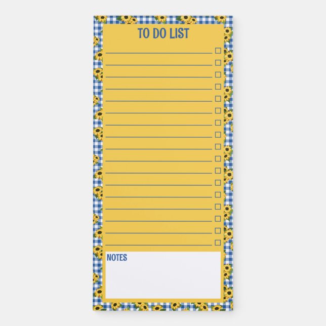Sunflowers Blue Gingham Checkbox List & Notes Magnetic Notepad (Front)