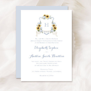 Sunflowers Blue Hydrangea Crest Monogram Wedding Invitation