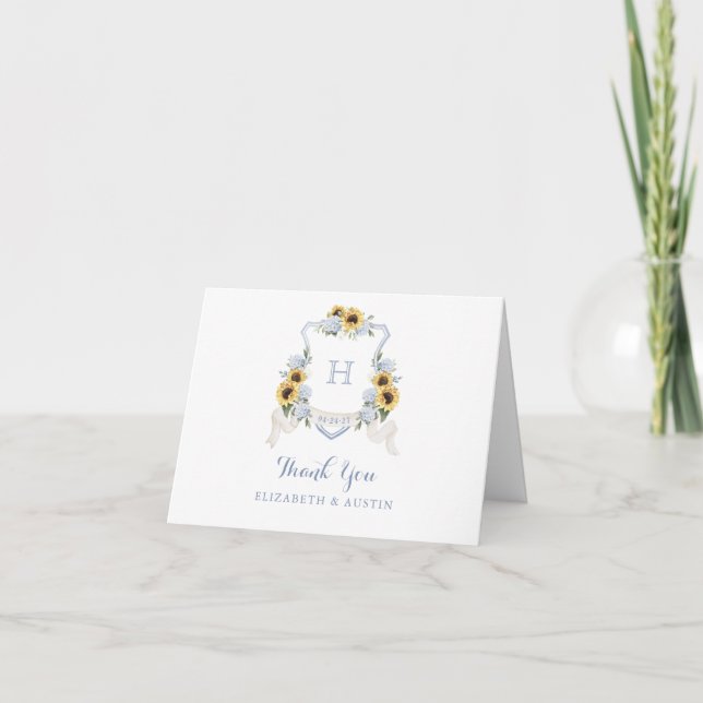 Sunflowers Blue Hydrangea Crest Monogram Wedding Letterpress Thank You Card (Front)