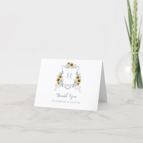 Sunflowers Blue Hydrangea Crest Monogram Wedding Thank You Card