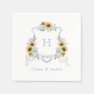 Sunflowers Blue Hydrangea Crest Wedding Monogram Napkins
