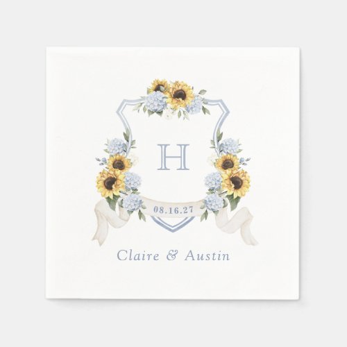 Sunflowers Blue Hydrangea Crest Wedding Monogram Napkins