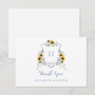 Sunflowers Blue Hydrangea Crest Wedding Monogram Thank You Card