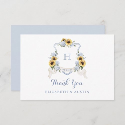 Sunflowers Blue Hydrangea Crest Wedding Monogram Thank You Card
