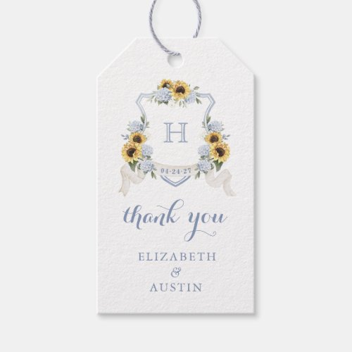 Sunflowers Blue Hydrangea Crest Wedding Thank You Gift Tags