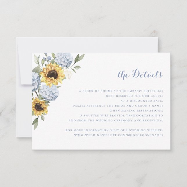 Sunflowers Blue Hydrangea Greenery Wedding Details Invitation (Front)