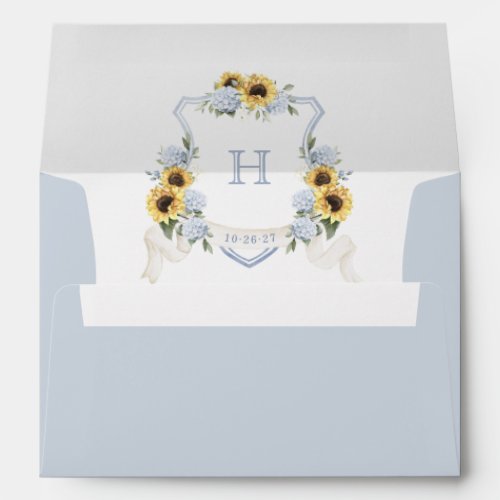 Sunflowers Blue Hydrangea Wedding Crest Envelope