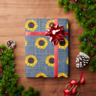Sunflowers Blue Jean Denim Wrapping Paper