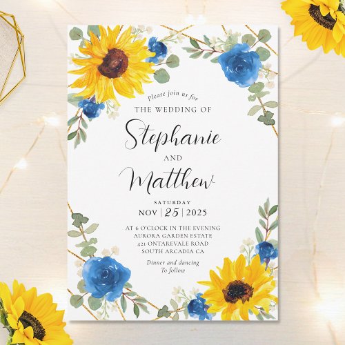 Sunflowers Blue Rose Geometric Botanical Wedding Invitation